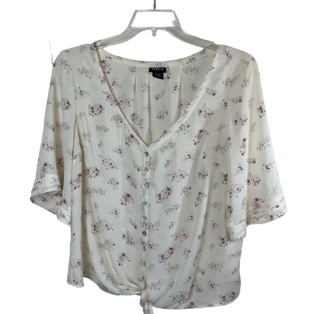 Torrid cream floral print‎ tie front short sleeve shirt blouse size 0